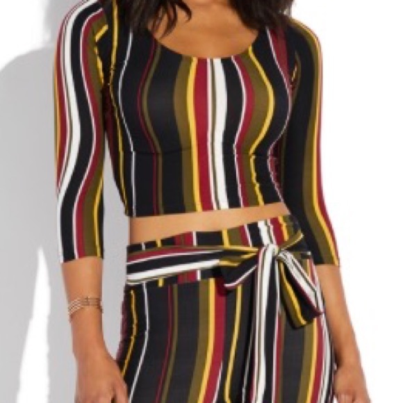 2 PCS MULTI STRIPE CROP TOP HIGH RISE PANT SET - Picture 6 of 11